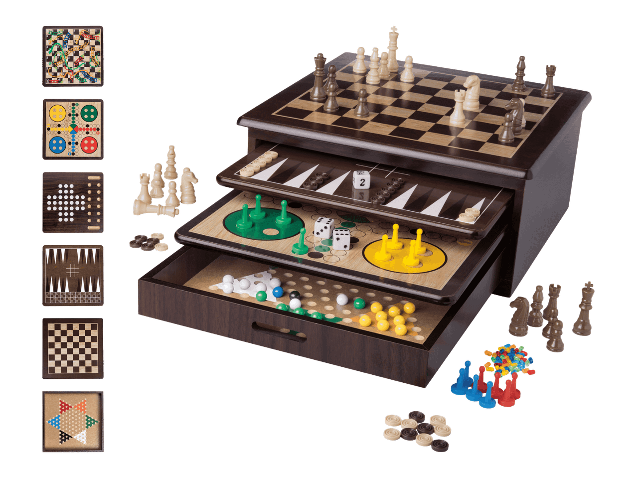 Monipelilautapelisetti, jossa on shakki, tammi, kiinalainen tammi, Ludo ja käärmeet ja tikkaat.