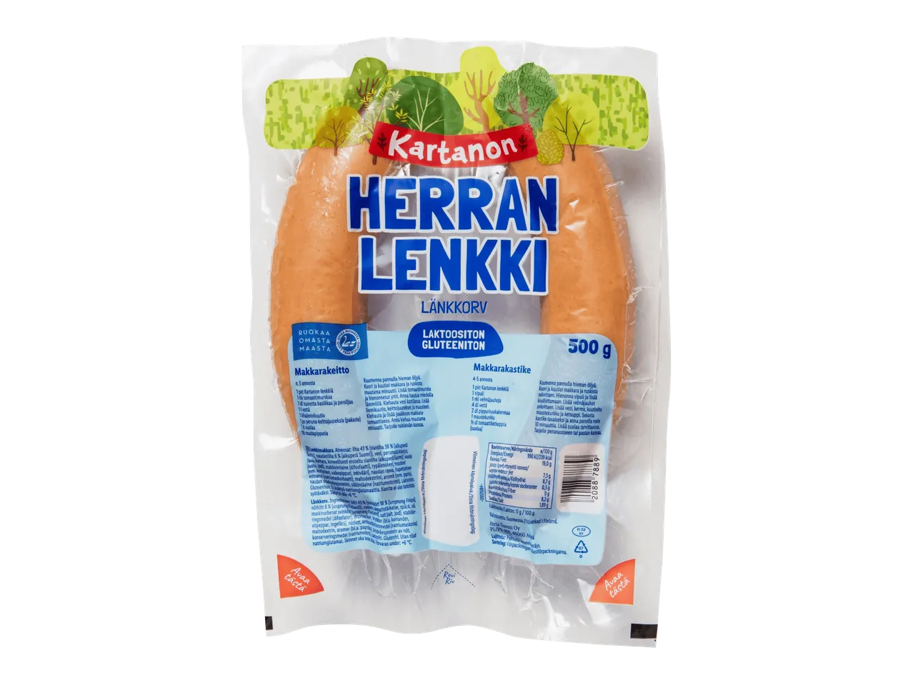 Pakkaus lenkkimakkaraa, jossa on reseptejä ja ravintosisältö.