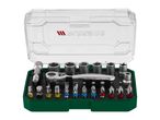 Socket wrench set with various bits and sockets in a green and clear plastic case.