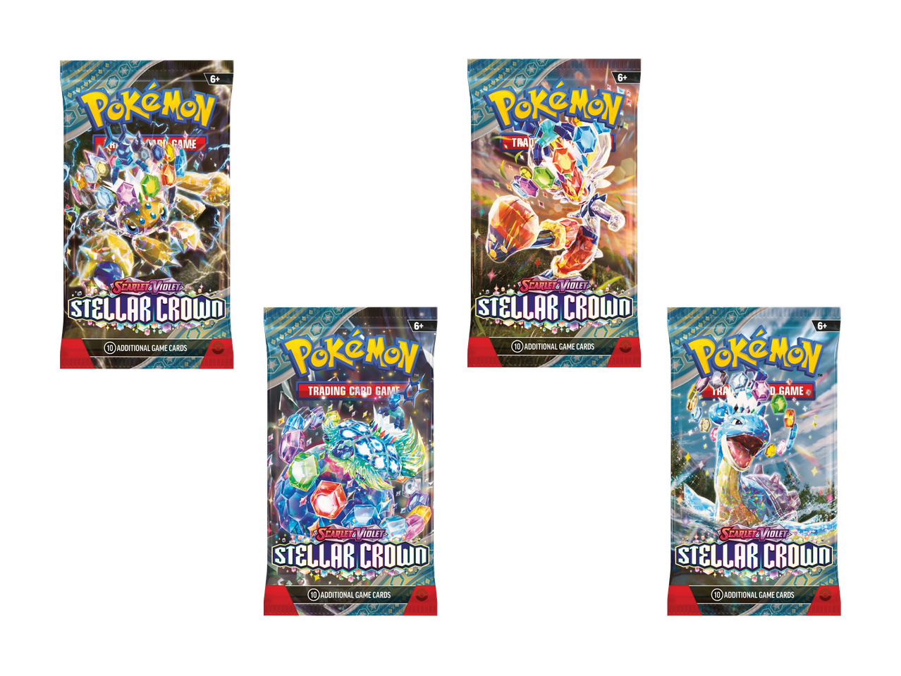 Quatre boosters différents du jeu de cartes à collectionner Pokémon de la série Stellar Crown, chacun avec 10 cartes de jeu supplémentaires.