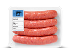 Verpakking met vier verse runderworstjes (saucijzen) van 400g.