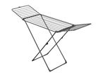 A black metal clothes drying rack with an accordion-style design.