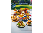 BBQ feast: skewers, burgers, Batts sauces.