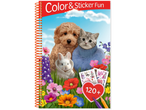 Coloring book and stickers featuring puppies, kittens, and bunnies in a flower garden: 120+ stickers.