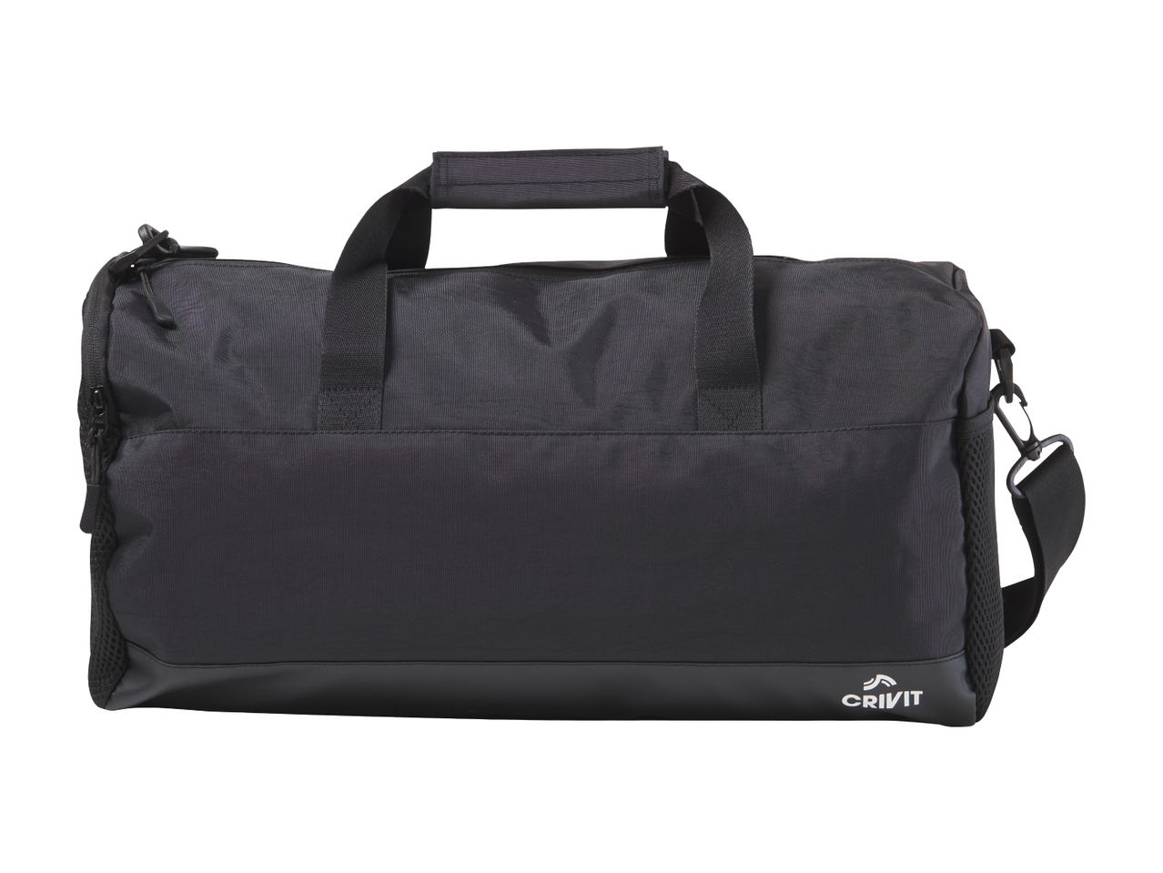 Black sports bag with top handles and a detachable shoulder strap, featuring a front pocket and a logo.