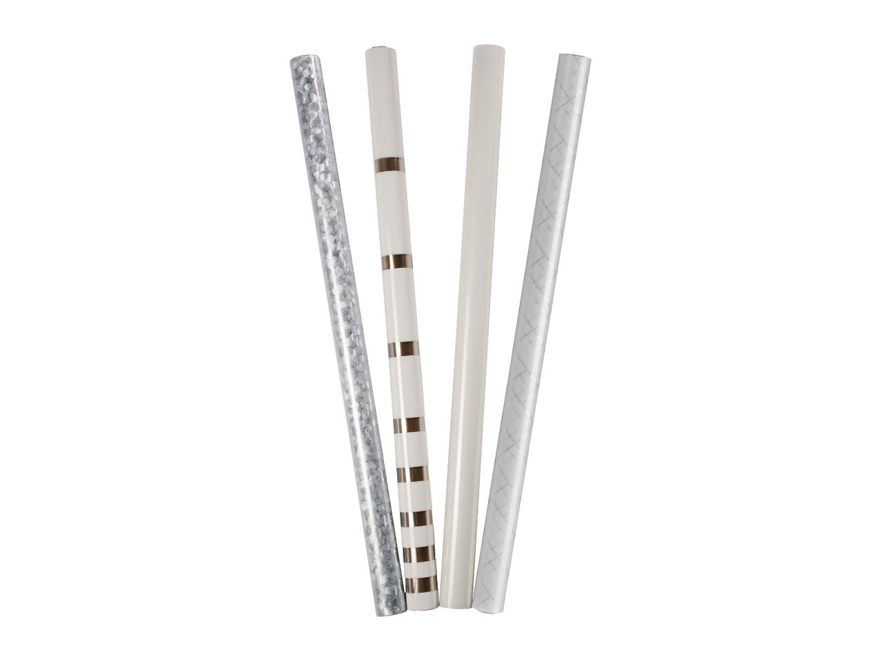Four rolls of decorative contact paper in various silver and white patterns.
