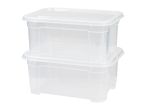 Two stacked clear plastic storage boxes with lids