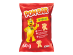 Een rode zak met Pom-Bär Original beervormige chips, met een cartoonbeer en de tekst '60 g'.