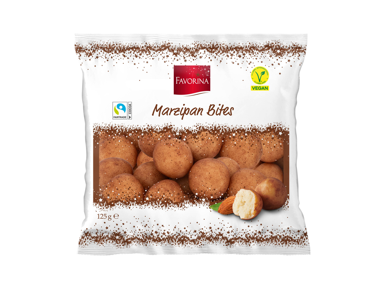 Favorina Marzipan Bites packaging with a vegan and Fairtrade cocoa label.