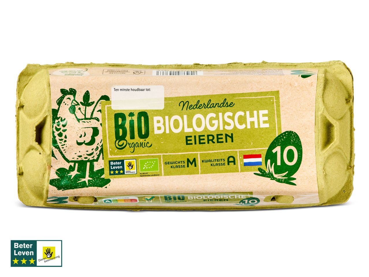 Tien biologische Nederlandse eieren, merk Beter Leven.