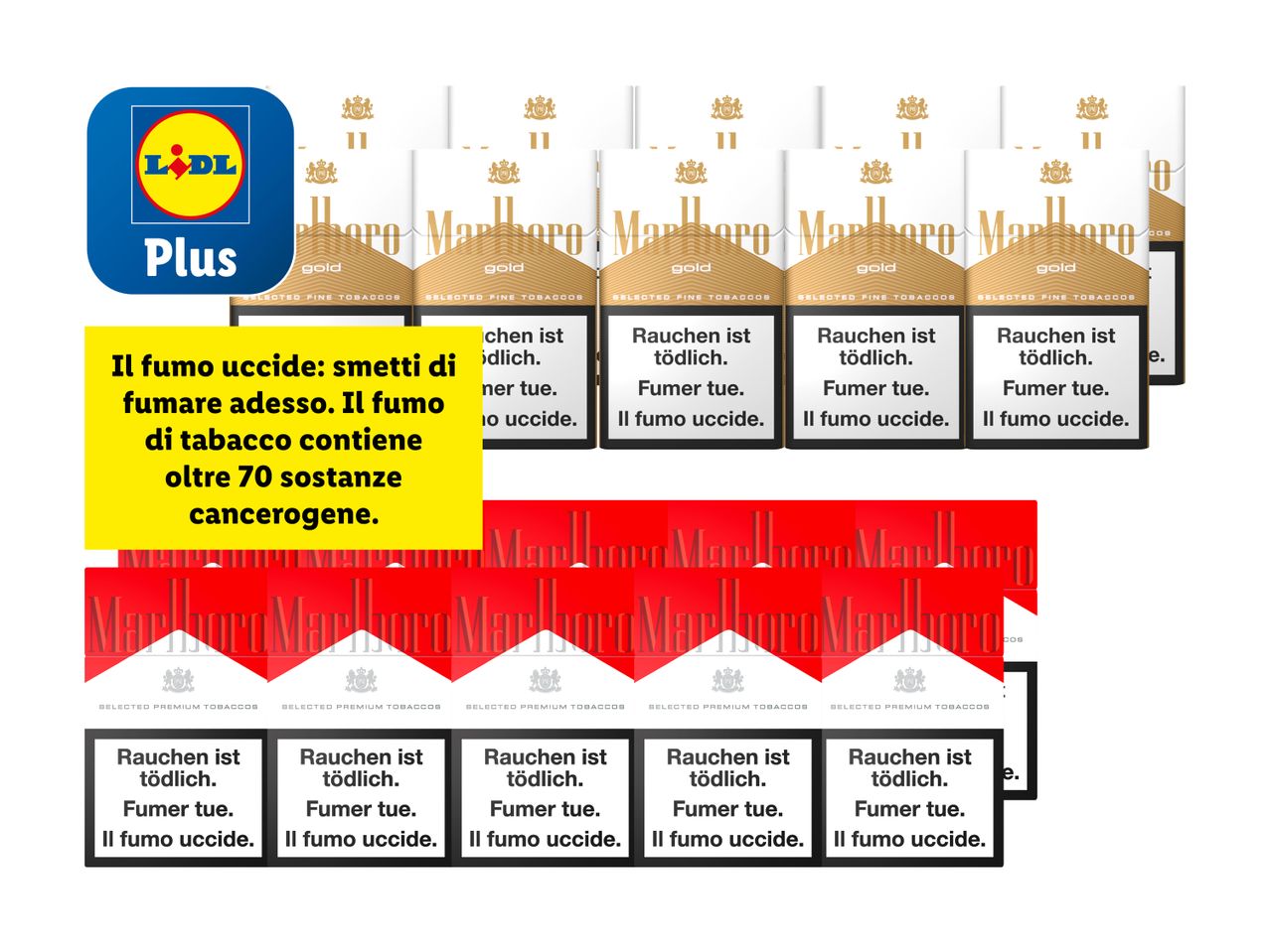 Pacchetti di sigarette Marlboro Gold Lidl Plus con avvertenze sulla salute.