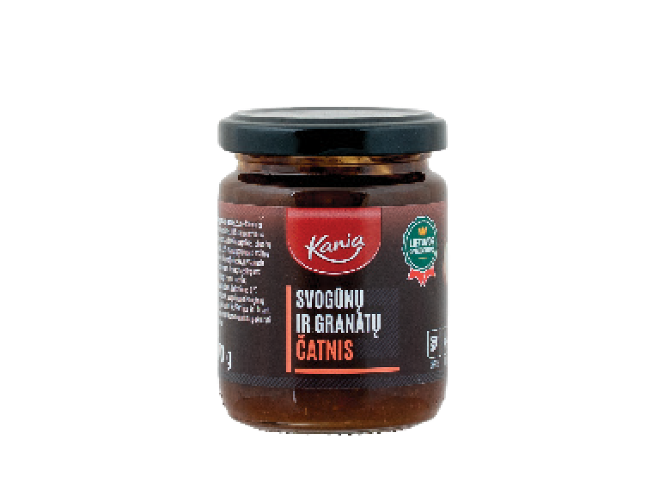 Stiklainis su svogūnų ir granatų čatniu, su užrašu 'Kania' ir 'Lietuvos gaminys' ženklu.