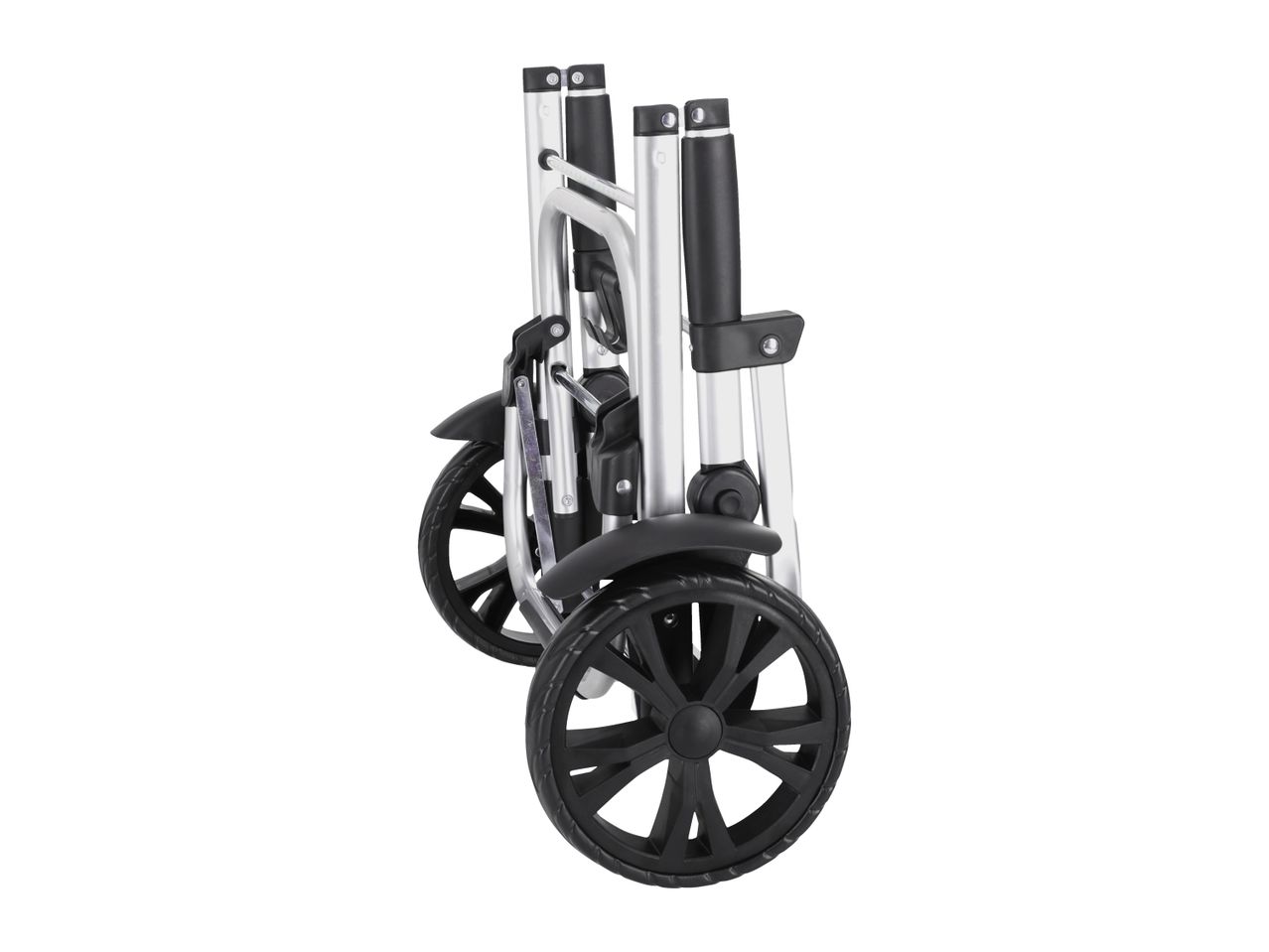 Folded silver and black shopping trolley with two wheels, side view.