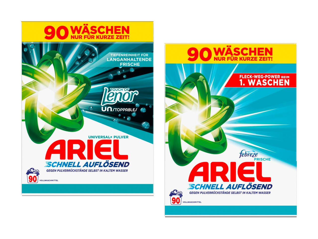Ariel Waschmittel-Packungen mit Lenor und Febreze Frische für 90 Wäschen.
