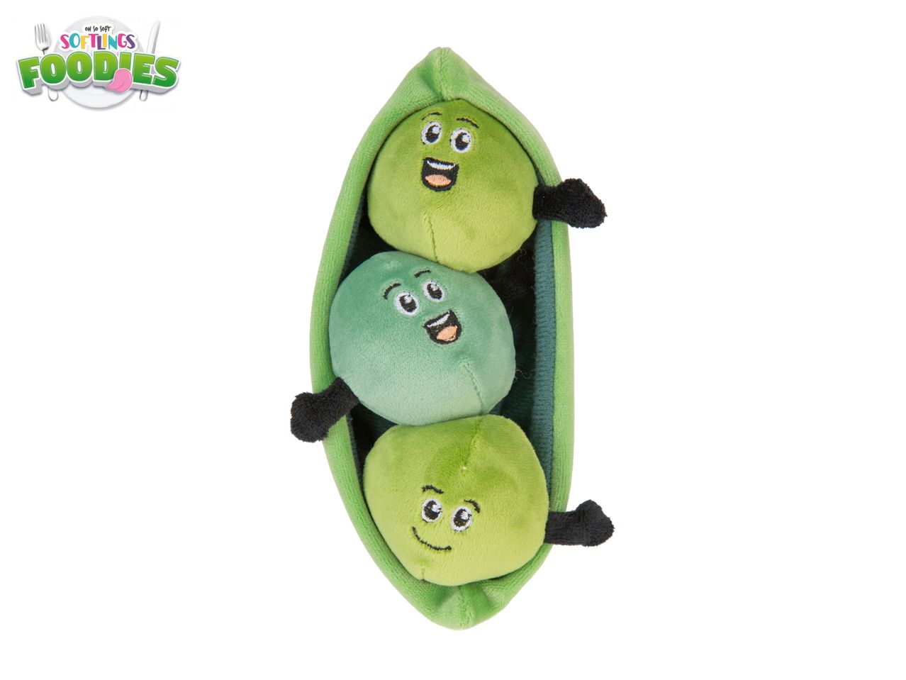 Three plush peas with smiling faces in a green pea pod, with a food-themed logo.