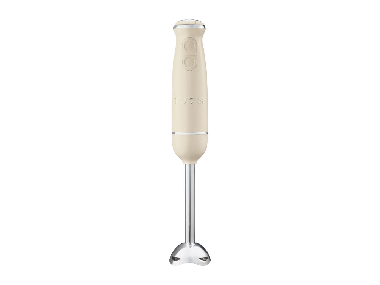 Beige hand blender with stainless steel attachment and 1973 lettering