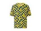 En gul og blå ternet T-shirt med Lidl-logoer.