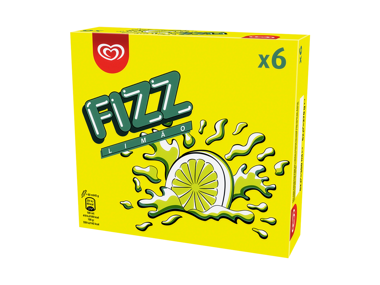 Caixa de gelado OLÁ Fizz Limão com 6 unidades, com uma fatia de lima e informações nutricionais.