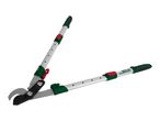 A pair of green and red telescopic bypass loppers with silver handles on a white background.