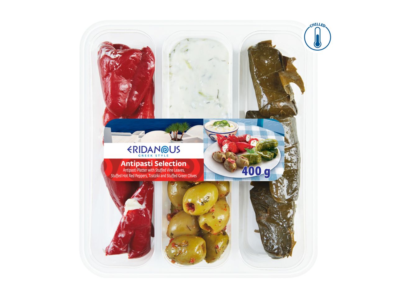 ERIDANOUS Antipasti Selection with stuffed vine leaves, red peppers, tzatziki, and green olives.