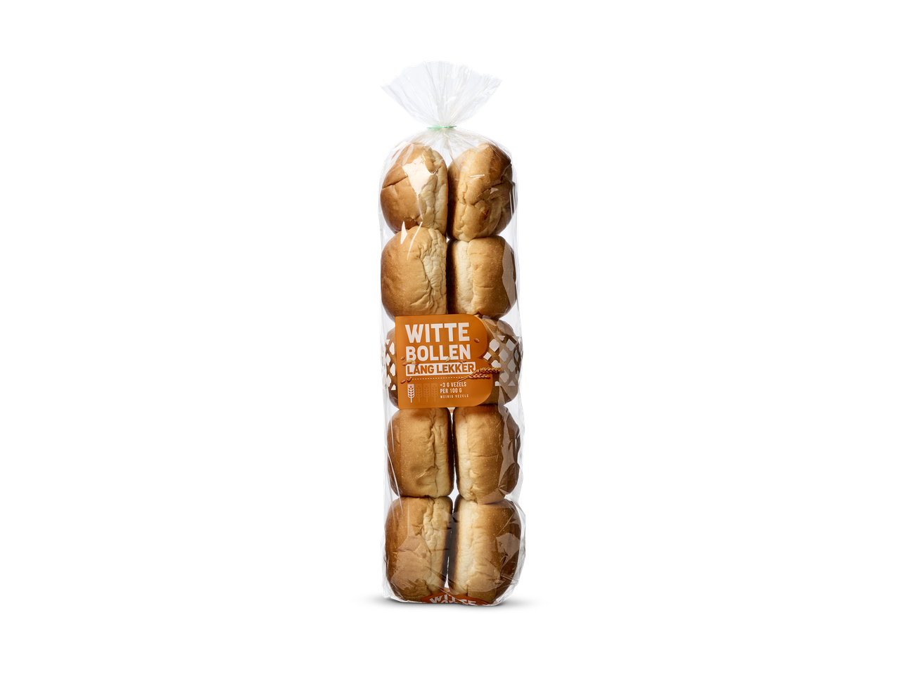 Een zak witte broodjes met een oranje etiket met de tekst 'Witte Bollen Lang Lekker'.