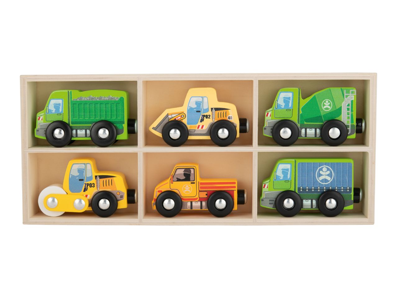 Six wooden toy construction vehicles in a wooden box, including a dump truck, excavator, and road roller.