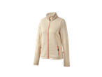 Beige fleece jacket with orange zipper.