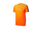 T-shirt sportiva arancione con strisce nere sulle spalle.