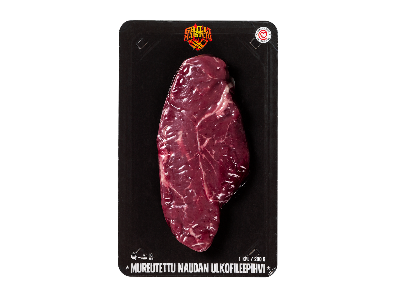 Naudan ulkofileepihvi pakkauksessa, jossa on grillauksen valmistusaika ja paino.