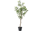 Artificial olive tree with green leaves and black olives in a black pot.