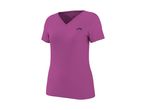 Purple women's V-neck short-sleeve sports t-shirt with a small black logo on the chest.