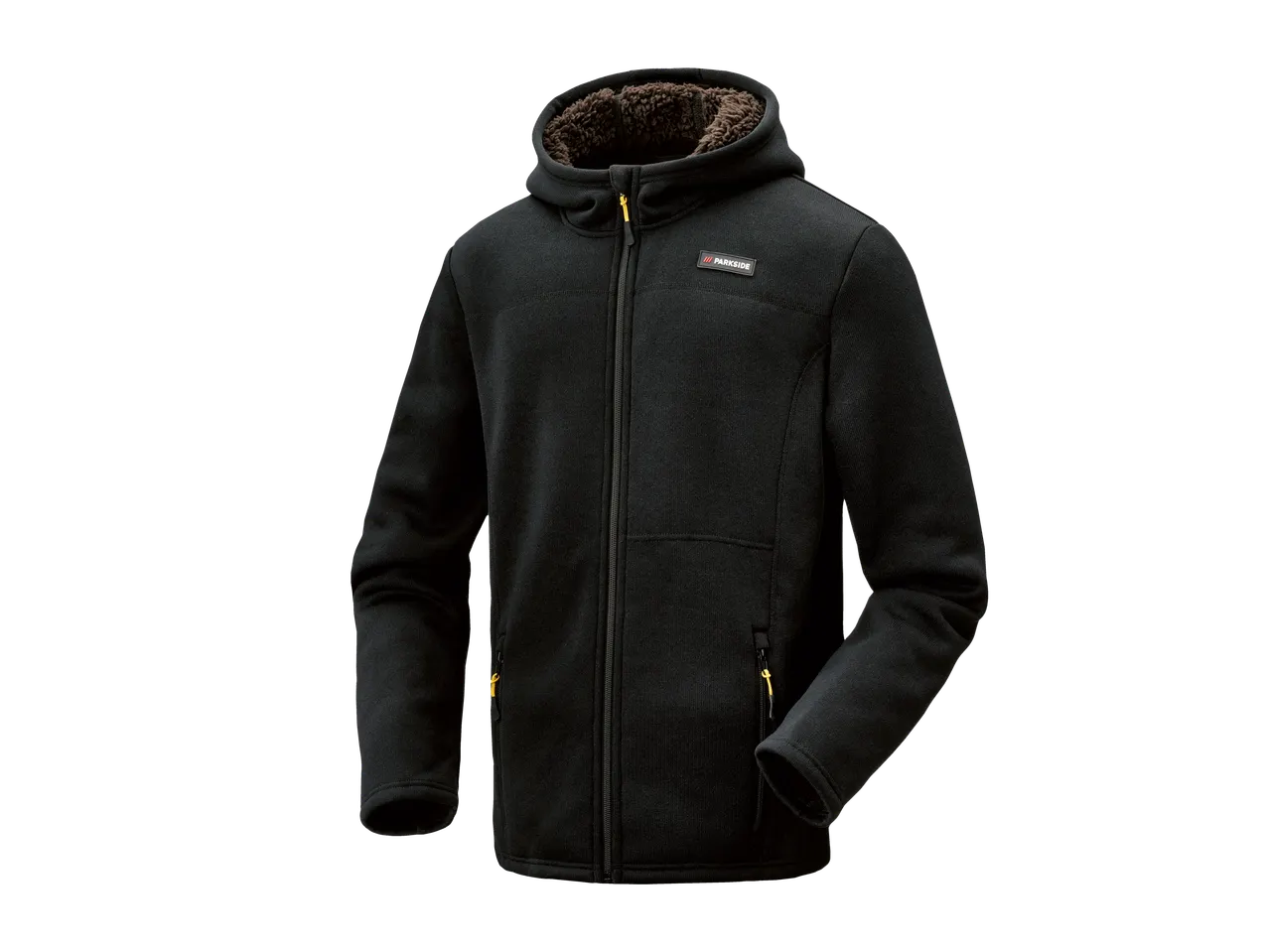 Parkside® men's black fleece jacket with a brown faux fur-lined hood and yellow zipper details.
