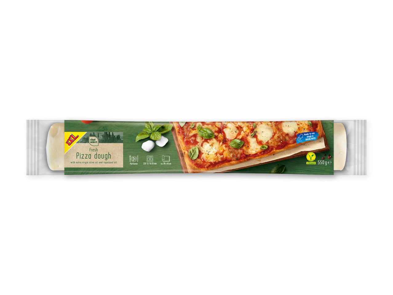 Køl Chef Select vegan pizzadej i emballage, klar til bagning.