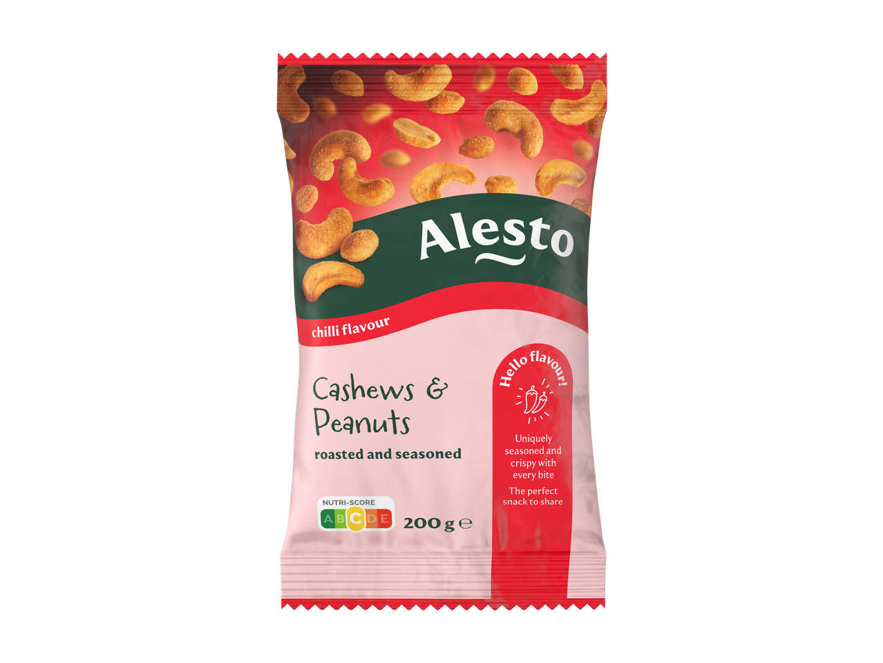 Alesto Cashews & Peanuts, torrados e temperados com sabor a chili, embalagem de 200g.