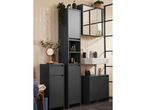 Dark gray bathroom storage units with a mirrored cabinet above a sink.