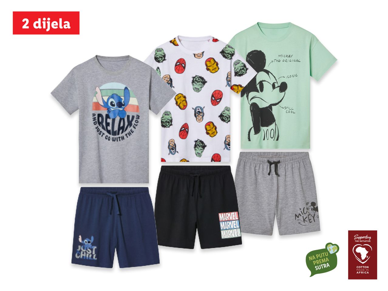 Dječji komplet od tri majice kratkih rukava i dva para kratkih hlača s motivima Mickey Mousea i drugih dizajna.