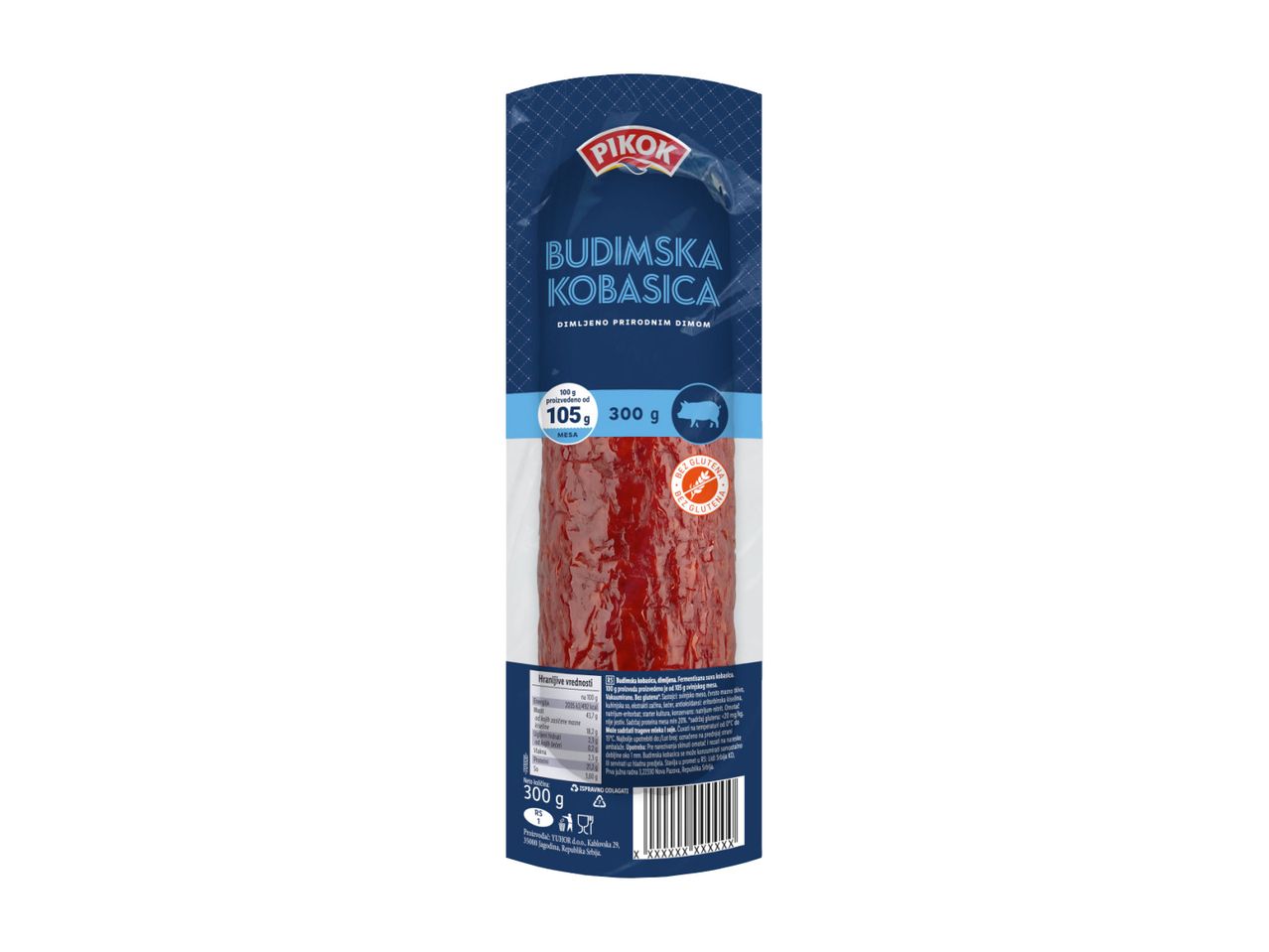 PIKOK Budinska kobasica, dimljena suva kobasica u pakovanju.