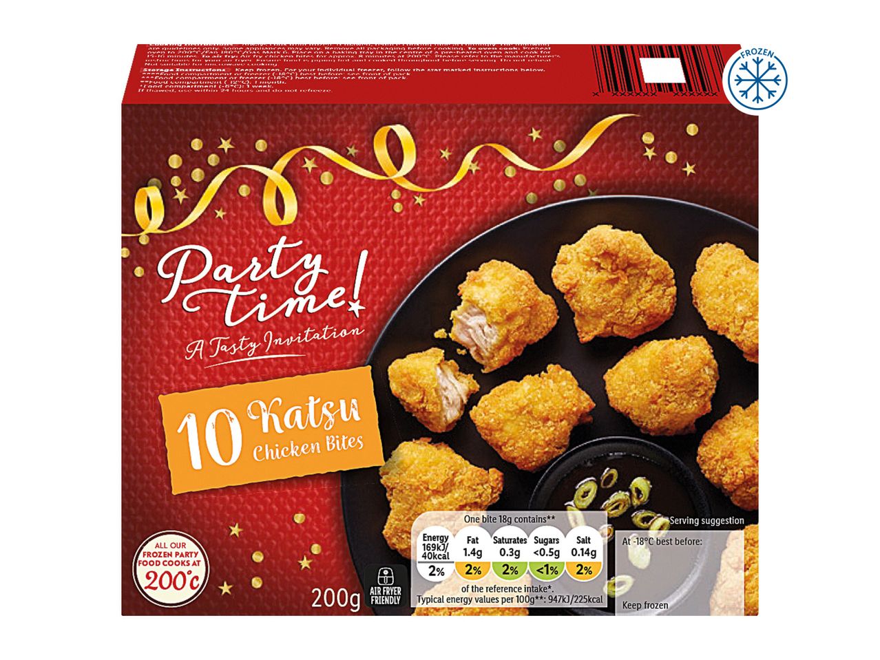 Party Time! 10 Katsu Chicken Bites, frozen, with cooking instructions and nutritional information.