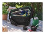 Parkside cooler bag with drinks and food, next to a Parkside thermos on a wooden table.
