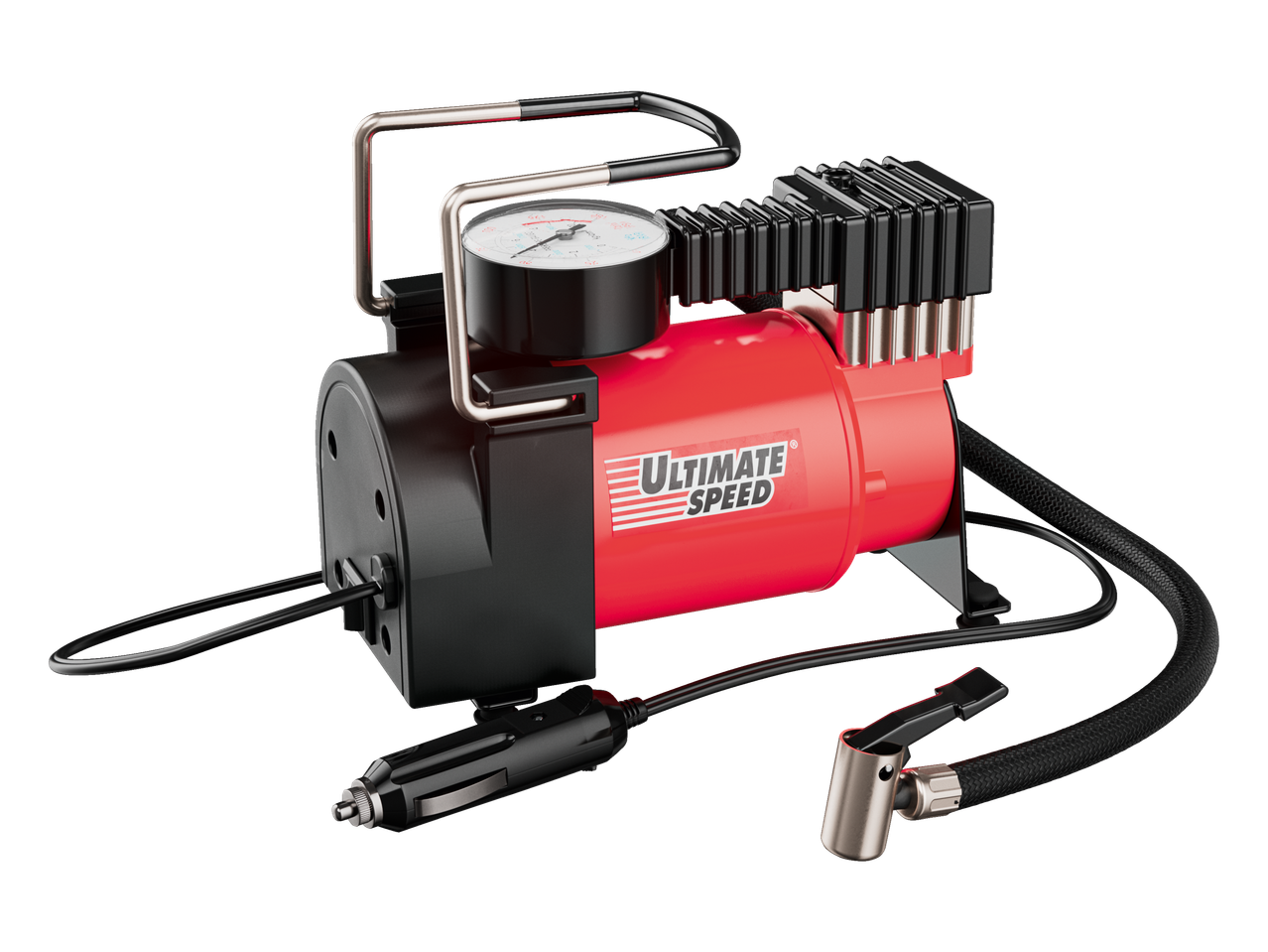 Ultimate Speed autokompressor: punane, kaasaskantav, manomeetriga.