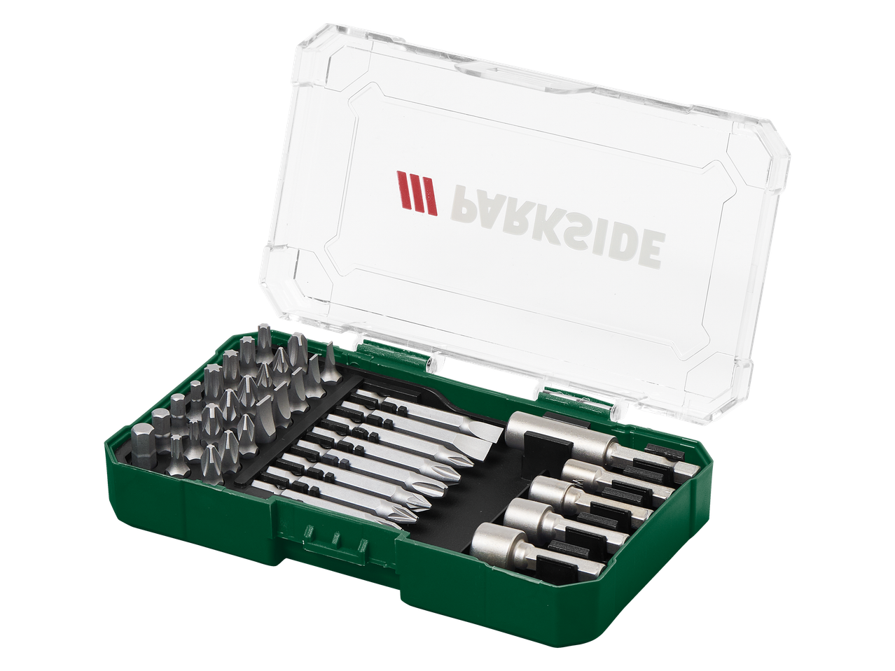 Parkside® drill bit set assortment in a green case with various bits and adapters.