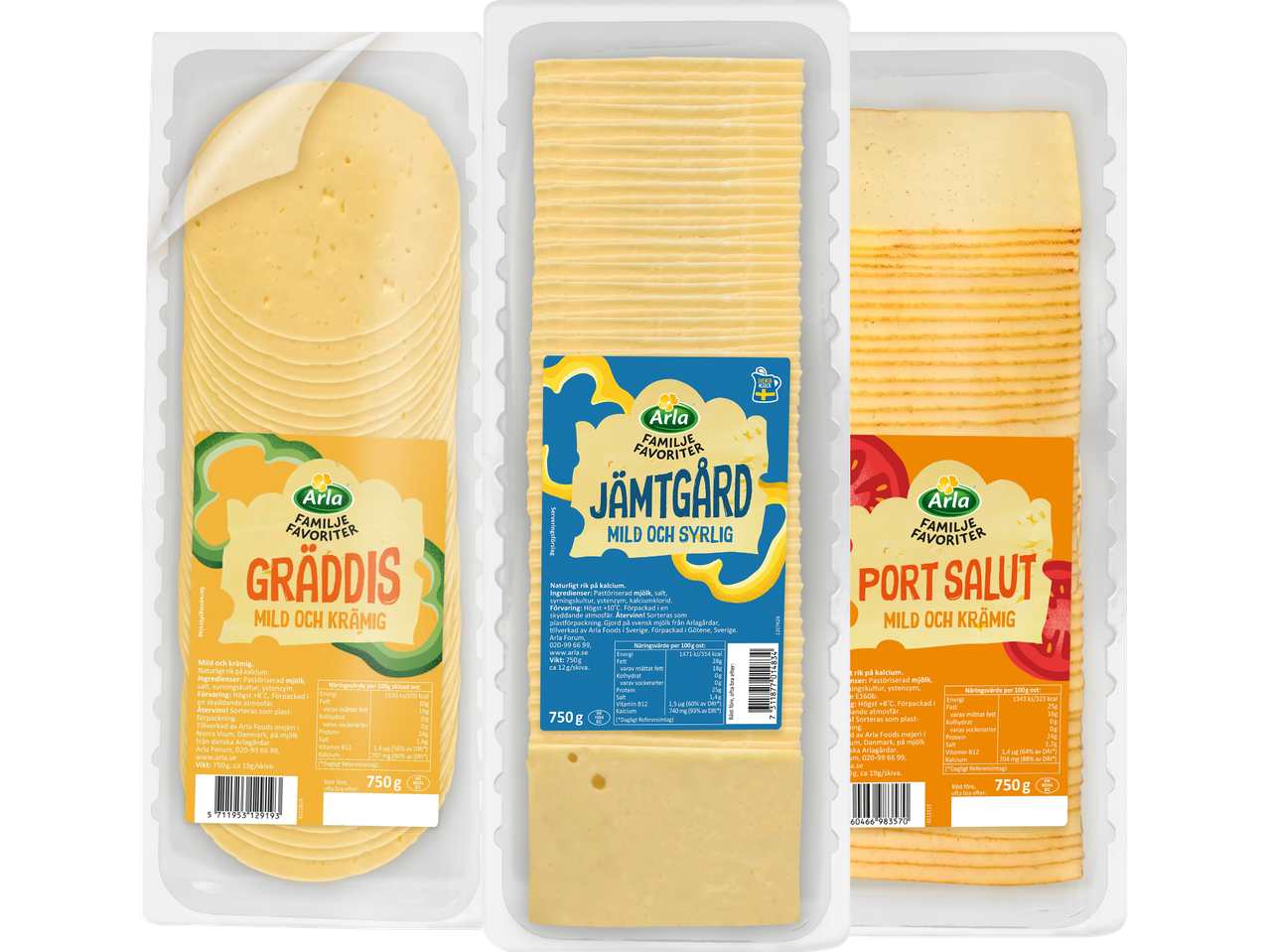 Tre förpackningar Arla Familjefavoriter ostskivor: Gräddis, Jämtgård och Port Salut.
