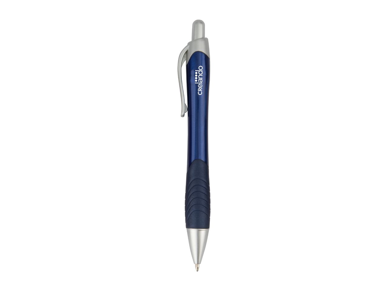 Blue ballpoint pen with a silver clip and tip, featuring a textured grip.