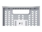 Grey plastic storage crate with a handle and a label marked '# 1'.