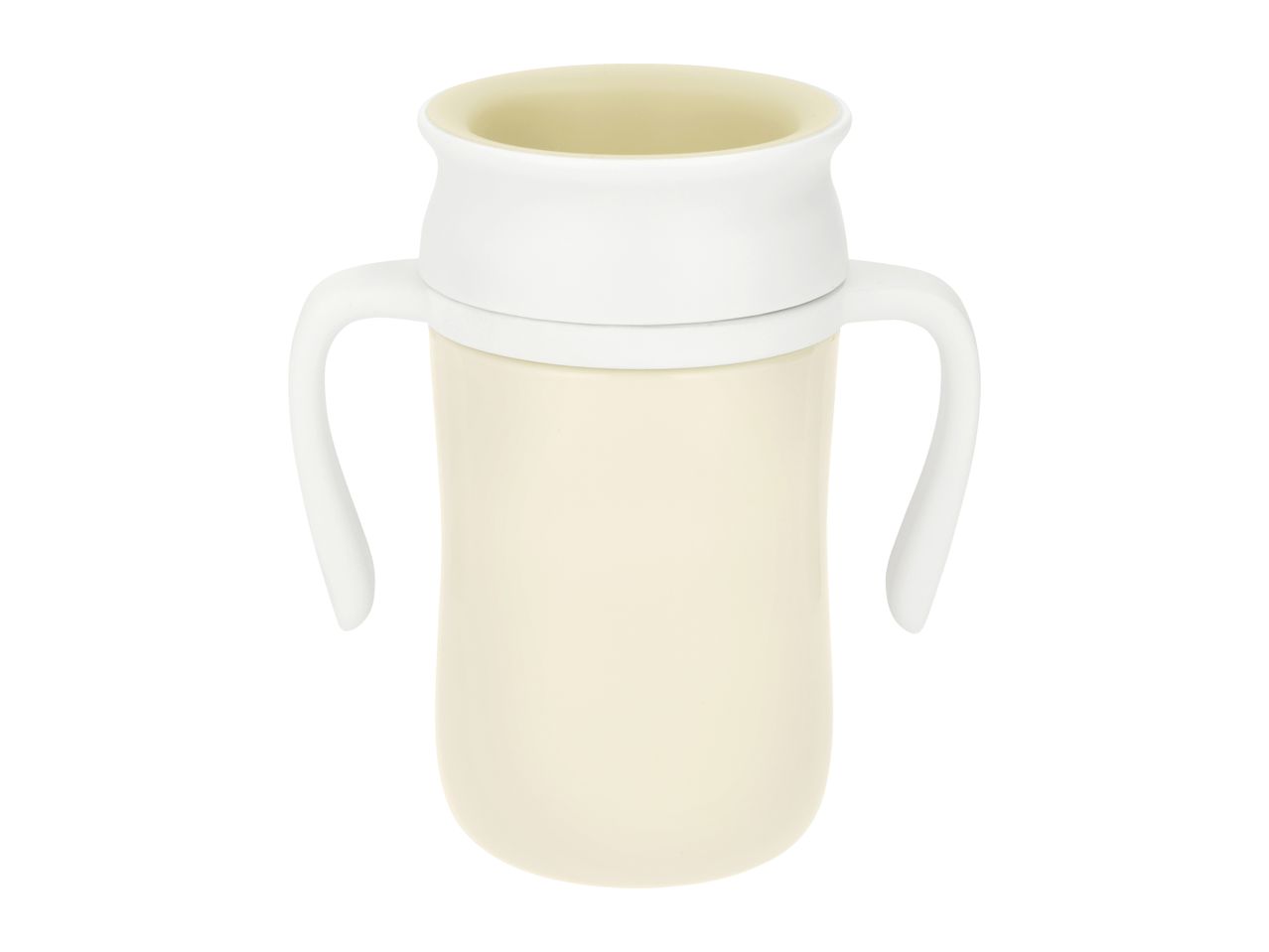Cream-colored baby sippy cup with white handles and lid