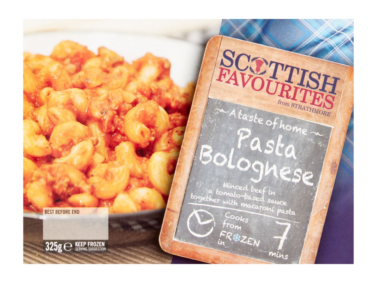 Frozen pasta bolognese with macaroni, described as a 'taste of home' and cooking in 7 mins.