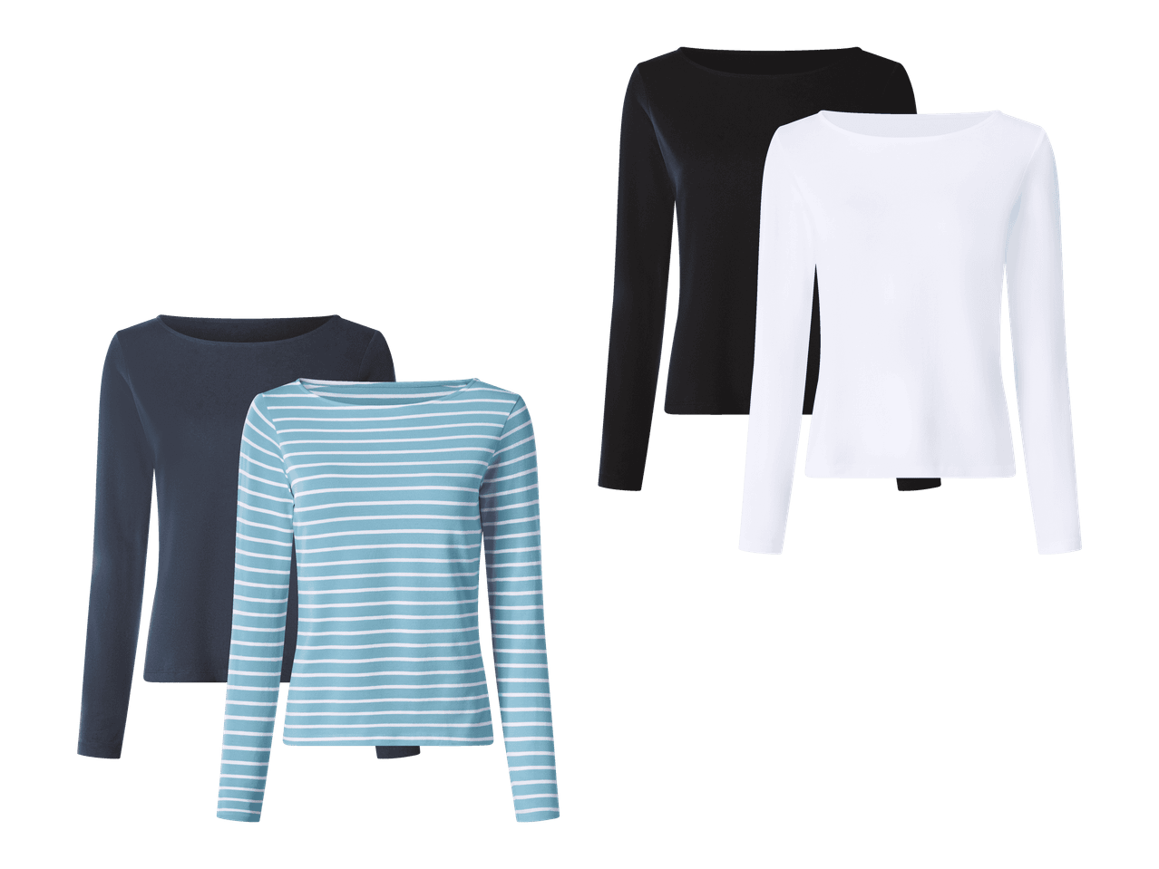 Neljä pitkähihaista paitaa: musta, valkoinen, tummansininen ja sinivalkoraidallinen.