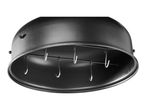 Black metal smoker lid with internal hooks for hanging food.