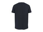 Back view of a plain dark blue men's t-shirt with short sleeves.