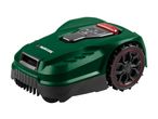 Green robotic lawnmower with black wheels and a red stop button on a white background.